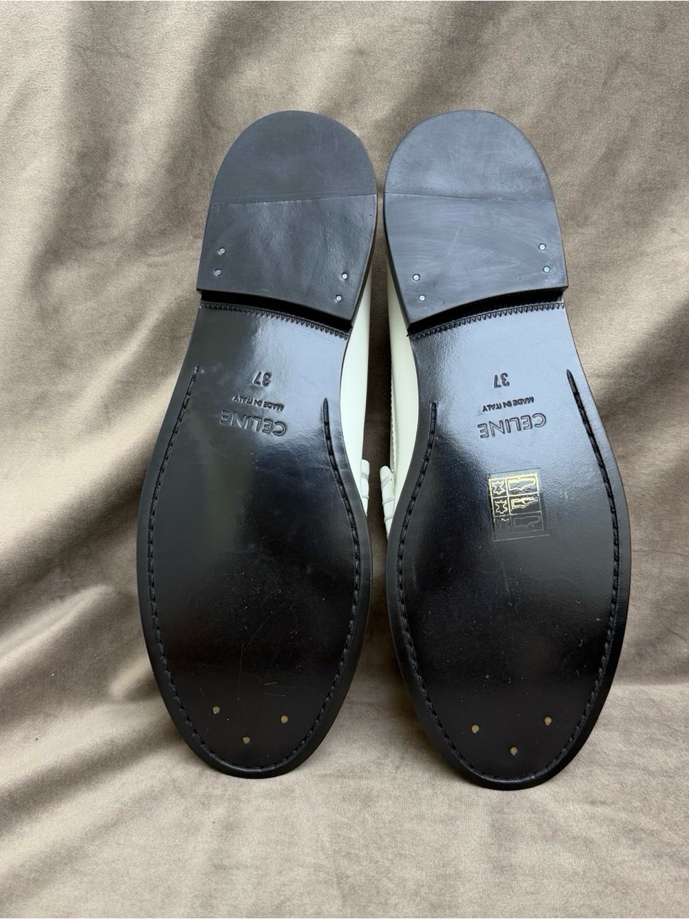 Celine White Leather Loafers with Gold Chain Accent - Picture 5 of 6